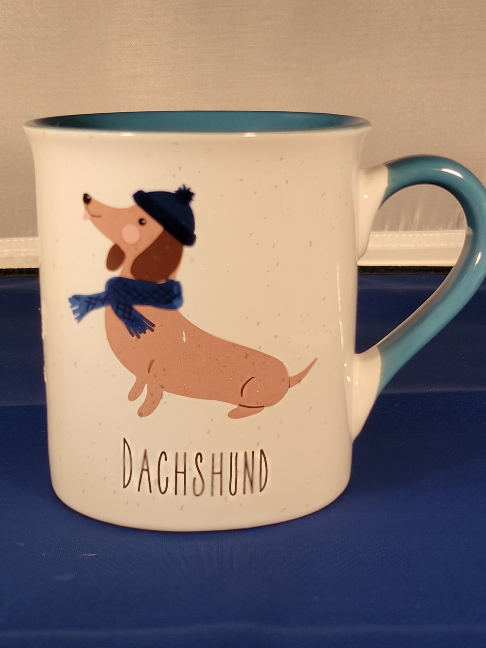 Dachshund Ceramic Coffee Mug - White with Blue Interior & Handle